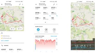 Suunto 7 app screengrabs showing maps and running stats