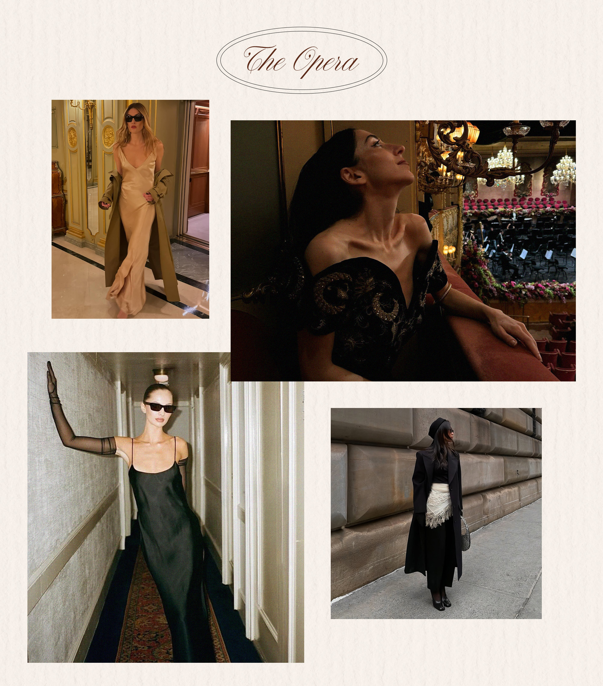 A collage of what to wear to the opera.