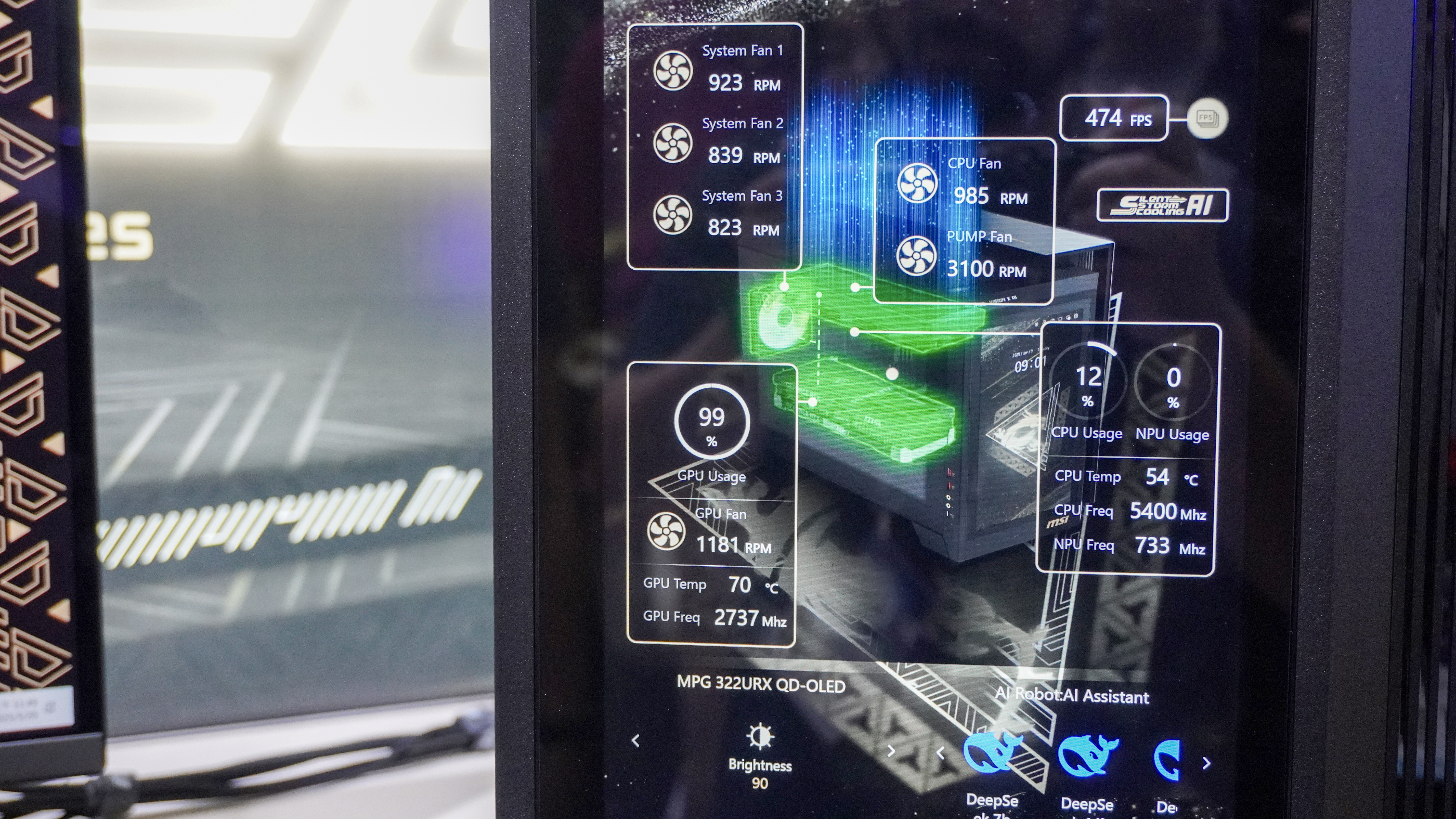 The AI MHI on the MSI Meg Vision X AI desktop PC showing temperatures and fan speeds