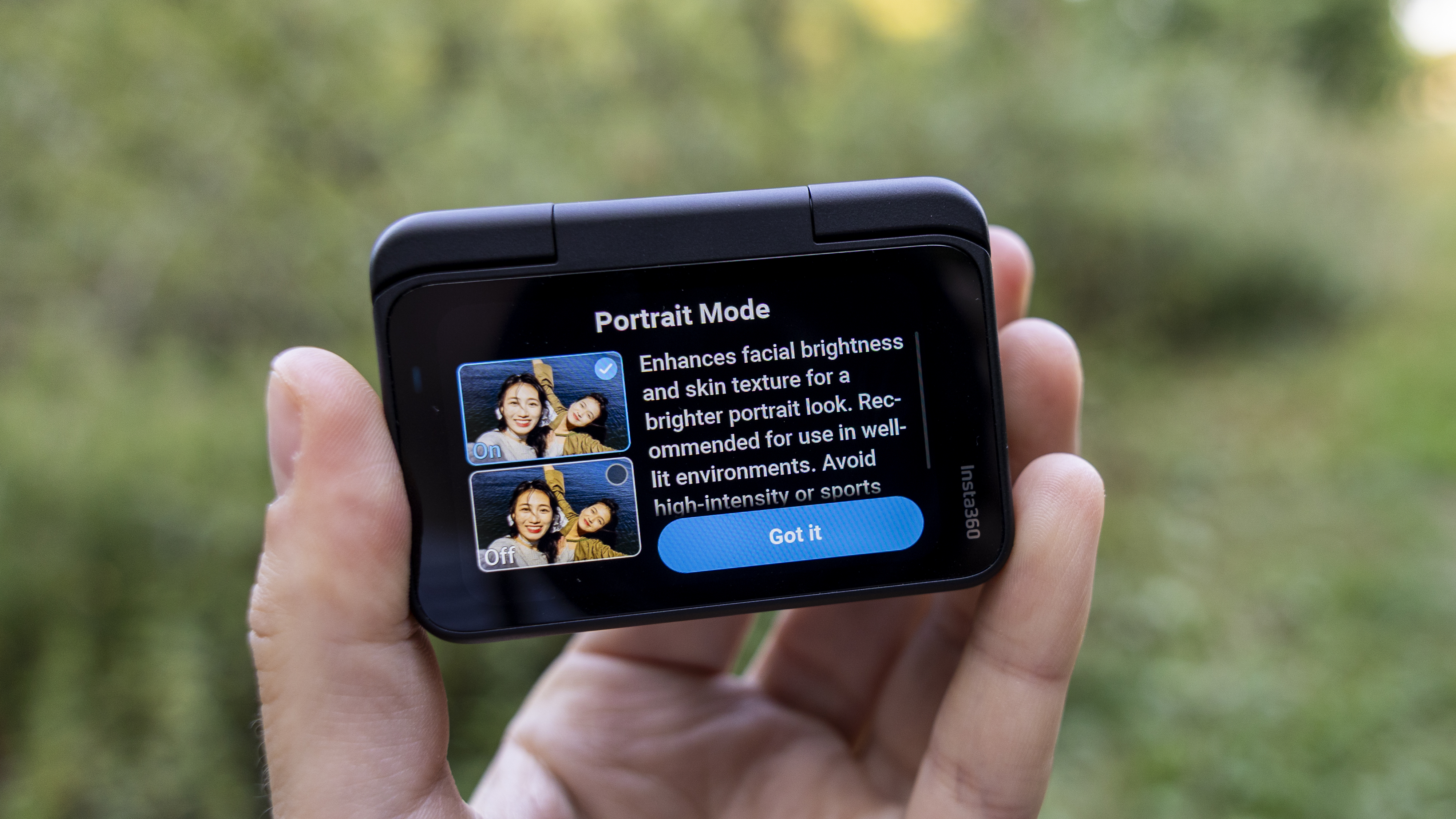 Close-up of the menu screens on the LCD of the Insta360 GO Ultra