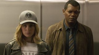 Brie Larson and Samuel L. Jackson as Carol Danvers and Nick Fury in Captain Marvel