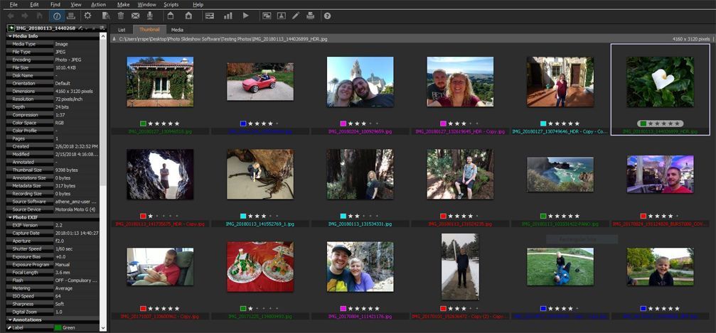 Media Pro's thumbnail view is the best place to rate, categorize and reorder your images.
