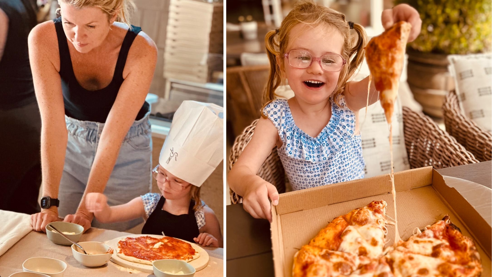 Mother and little girl, who is wearing a chef's hat, putting cheese on a pizza base - next to an image of the same child eating the cooked pizza out of a box and smiling at Sani Club