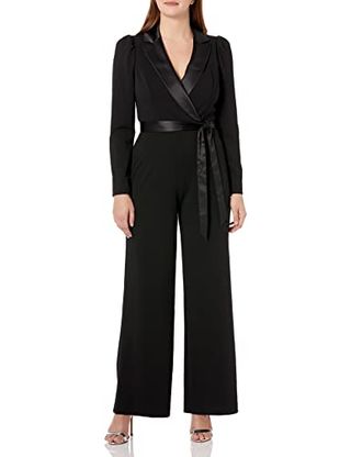 Adrianna Papell Women's Knit Crepe Tuxedo Jumpsuit, Black, 6