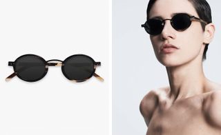 Dark round sunglasses on model