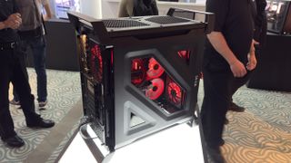 Corsair's new Warthog case with a light over the rear IO panel, at computex 2026.