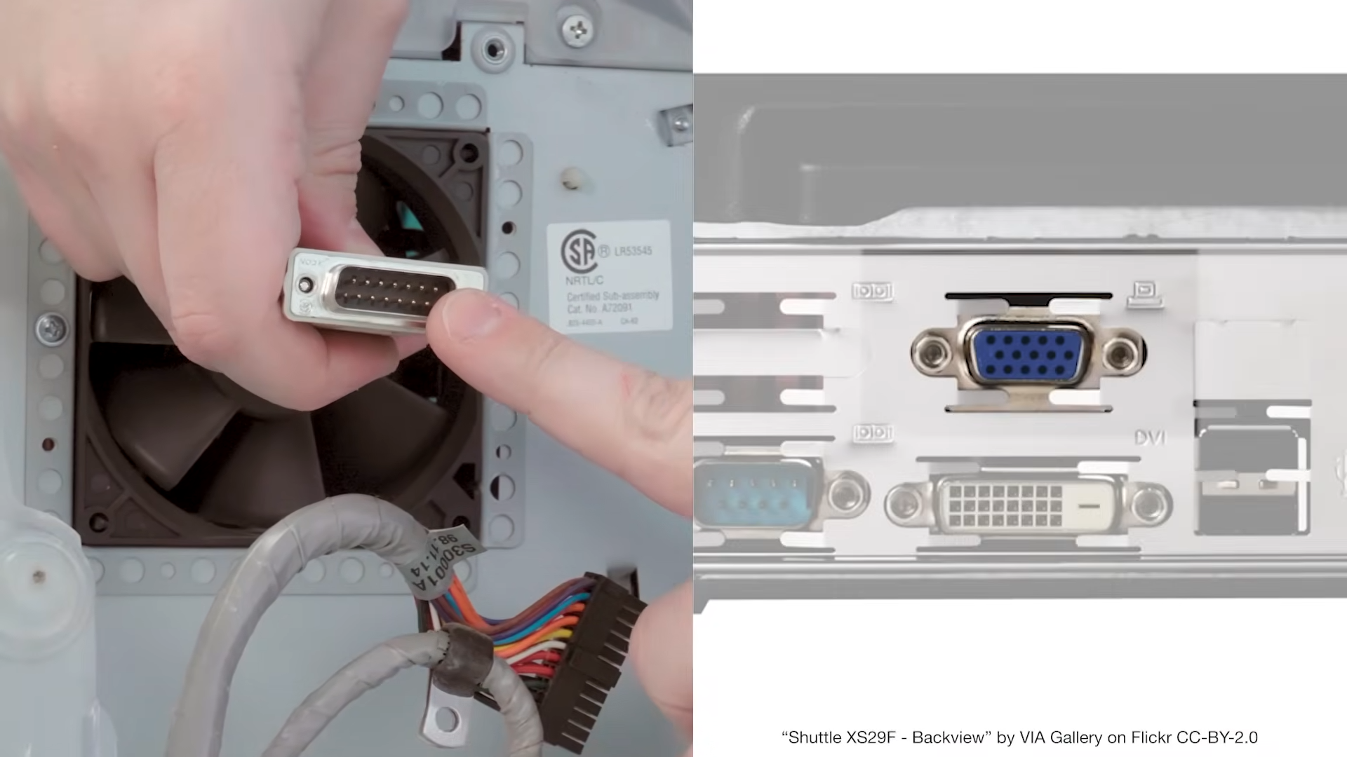 Close up of Matt Gray pointing to proprietary iMac G3 VGA connector on left with example of ordinary port on right.