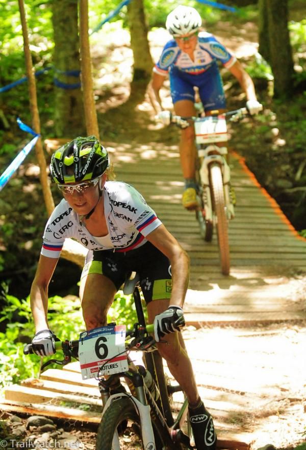 Former world champion Irina Kalentieva (Topeak Ergon) riding some downhill bridges
