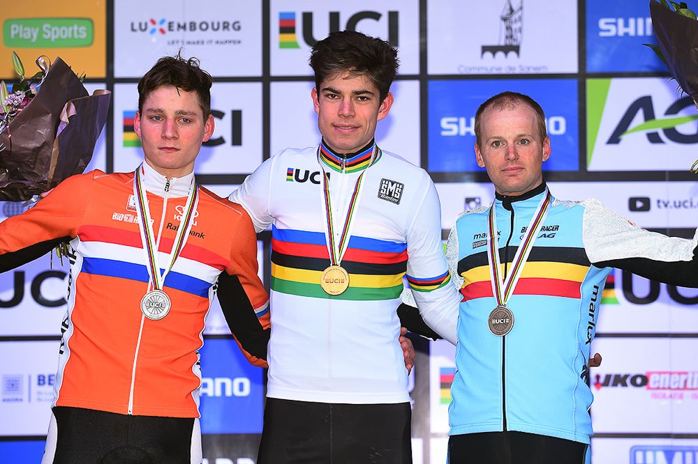 Mathieu van der Poel, Wout Van Aert and Kevin Pauwels on the World Championship podium