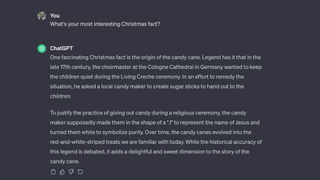 ChatGPT replies to a prompt about Christmas facts with information about the candy cane