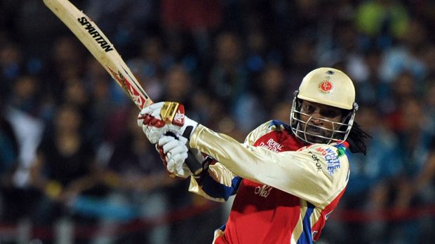 Royal Challengers Bangalore Chris Gayle plays a shot during the IPL Twenty20 cricket match between Pune Warriors India and Royal Challengers Bangalore at The Subroto Roy Sahara Stadium in Pun