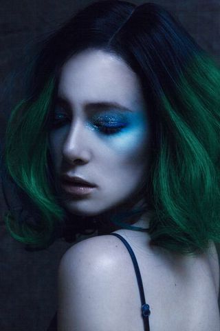 Hair, Face, Blue, Beauty, Eyebrow, Green, Lip, Turquoise, Goth subculture, Hairstyle,