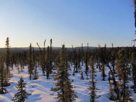 Golden light fills the Alaskan air on April 11, 2012, as the sun sinks low in the sky and a snowshoe trek to recover a balloon payload nears its end.