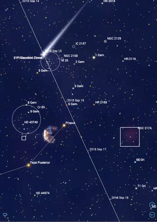 On Sept. 15, Comet 21P will glide directly through the large open star cluster designated Messier 35. The actual passage will be observable only from Asia and Oceania. North America will see the comet farther from the cluster. On the subsequent two nights, the comet will pass bright Propus, the toe star of Gemini's twin Castor, setting up a photo opportunity that includes a supernova remnant called the Jellyfish Nebula (left of Propus) and the fainter nebula NGC 2174 (at right).