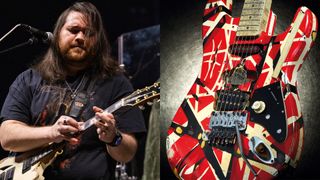 LEFT: Wolfgang Van Halen of Mammoth performs at Little Caesars Arena on November 20, 2024 in Detroit, Michigan. RIGHT: A Fender Custom Shop replica of Eddie Van Halen's famous Frankenstrat electric guitar, photographed during a studio shoot for Guitarist Magazine, June 29, 2006.