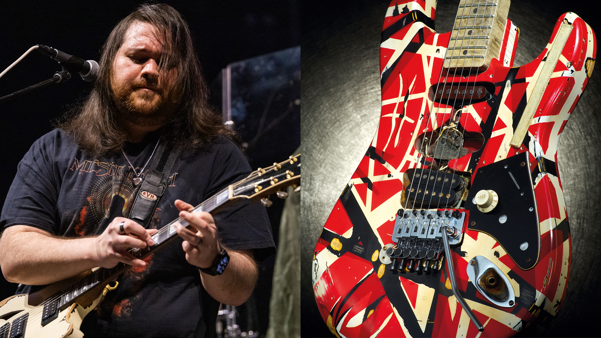 LEFT: Wolfgang Van Halen of Mammoth performs at Little Caesars Arena on November 20, 2024 in Detroit, Michigan. RIGHT: A Fender Custom Shop replica of Eddie Van Halen&#039;s famous Frankenstrat electric guitar, photographed during a studio shoot for Guitarist Magazine, June 29, 2006. 