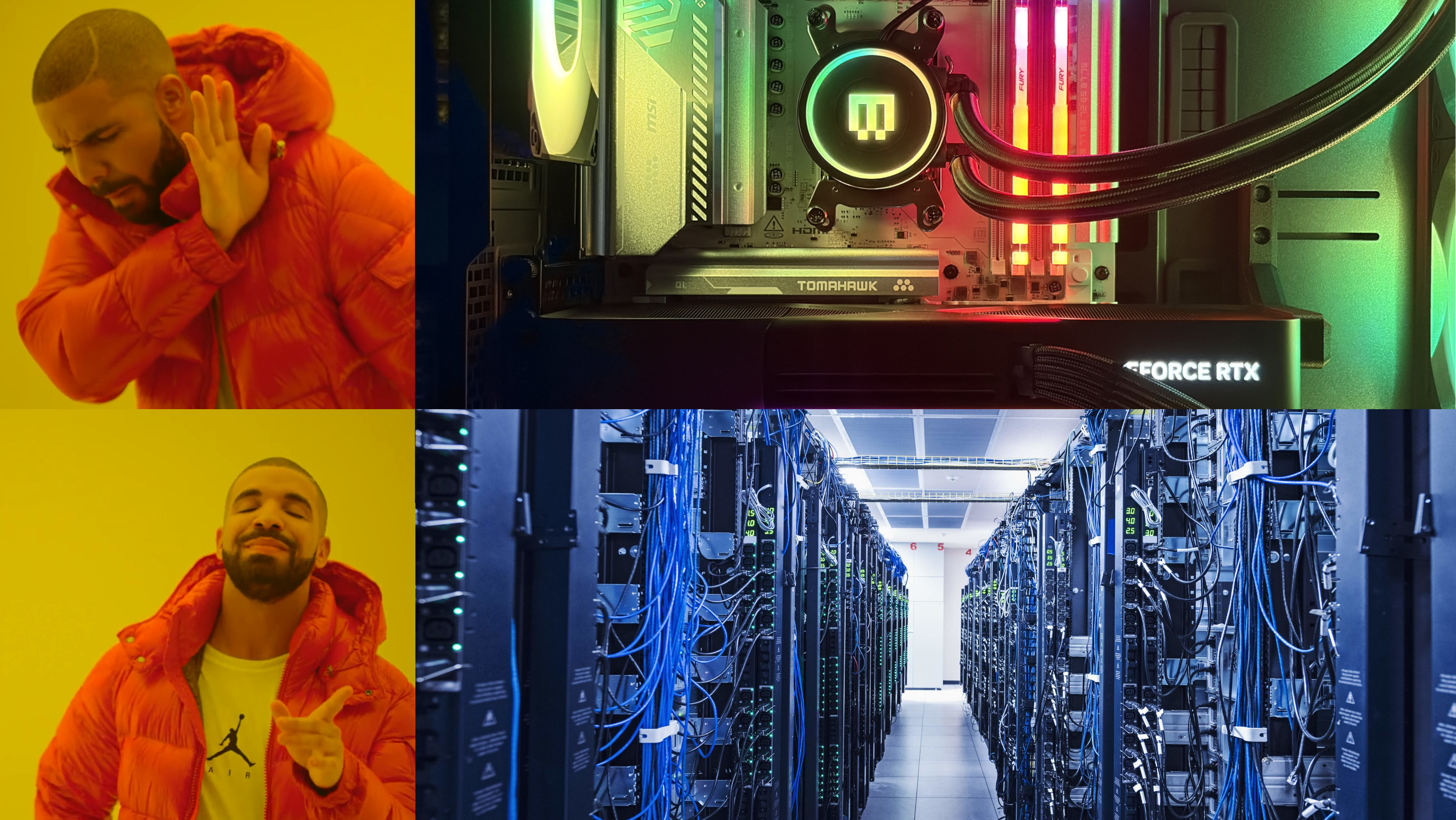 A split image showing a man in a red puffer jacket with a yellow background in two poses, alongside a tech setup featuring an LED-lit motherboard and server racks filled with cables.
