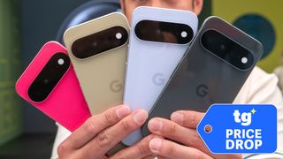 Four Pixel 11 phones held in hand