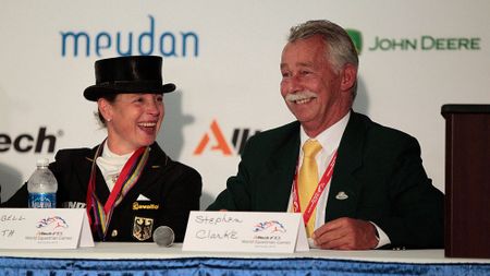 Stephen Clarke laughing with Isabell Werth in a press conference