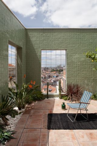 Outside courtyard with green tiles