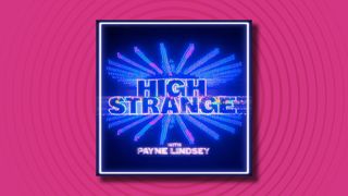 The logo of the High Strange podcast on a pink background