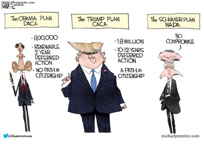 Political cartoon U.S. Trump Barack Obama Chuck Schumer immigration deal DACA