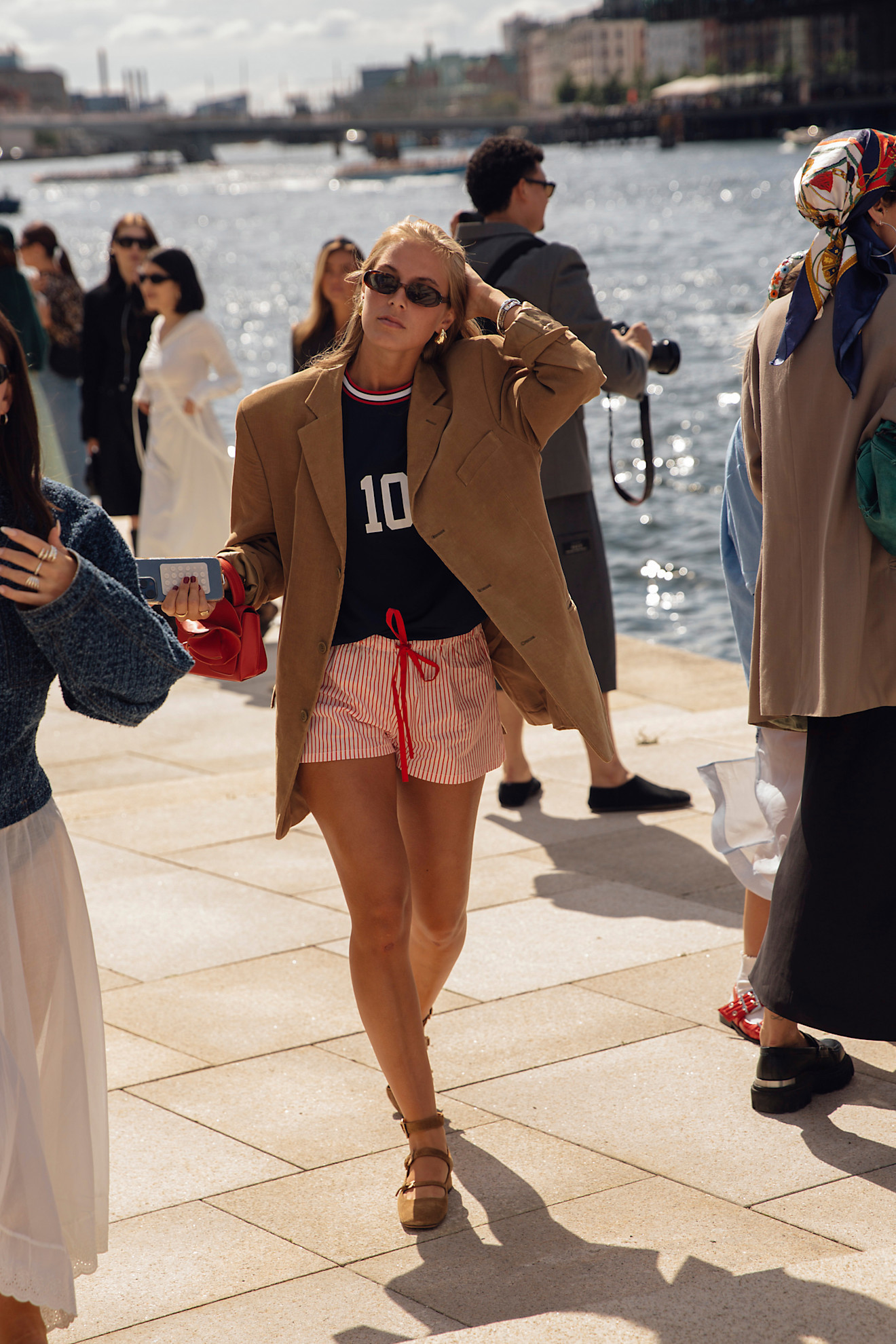 woman wearing boxers and a blazer in Copenhagen