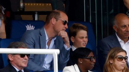Prince William and Prince George interact at a cricket match