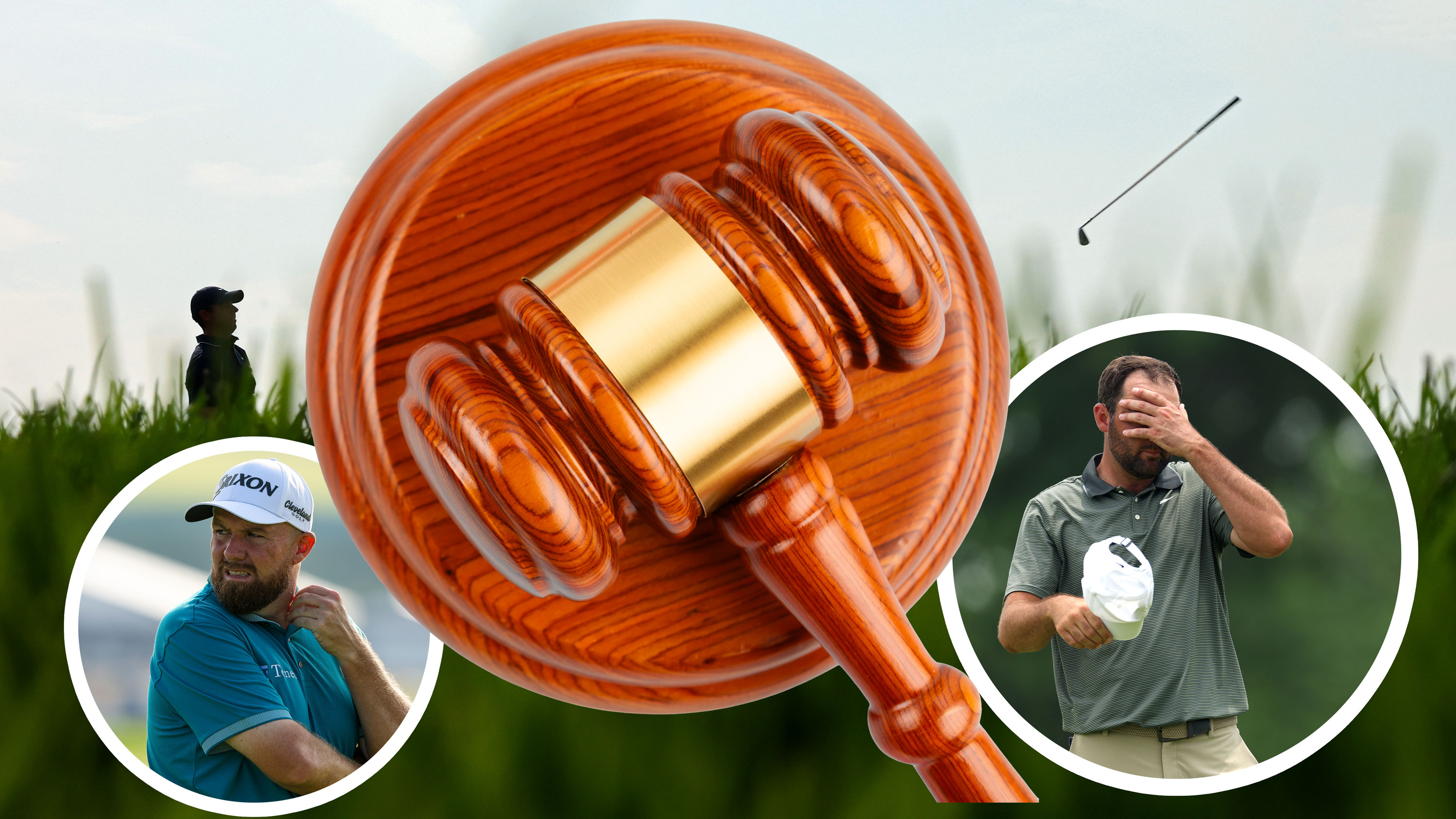 An image of Rory McIlroy throwing his club at the US Open, with a judge&#039;s gavel to indicate the possibility of punishment, along with inset images of Scottie Scheffler and Shane Lowry looking frustrated at Oakmont Country Club