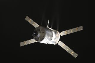 ATV Albert Einstein, Europe’s supply and support ferry, docked with the International Space Station June 15, 2013. This image, taken from the station, reveals the exhaust plumes as the 20-ton craft fires some of its 24 thrusters to adjust its approach. This image was released June 17, 2013.