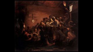 1863 painting "Watch Meeting—Dec. 31st 1862—Waiting for the Hour" by William Tolman Carlton depicts enslaved people waiting in a dark cabin for the clock to strike midnight and the Emancipation Proclamation to take effect.