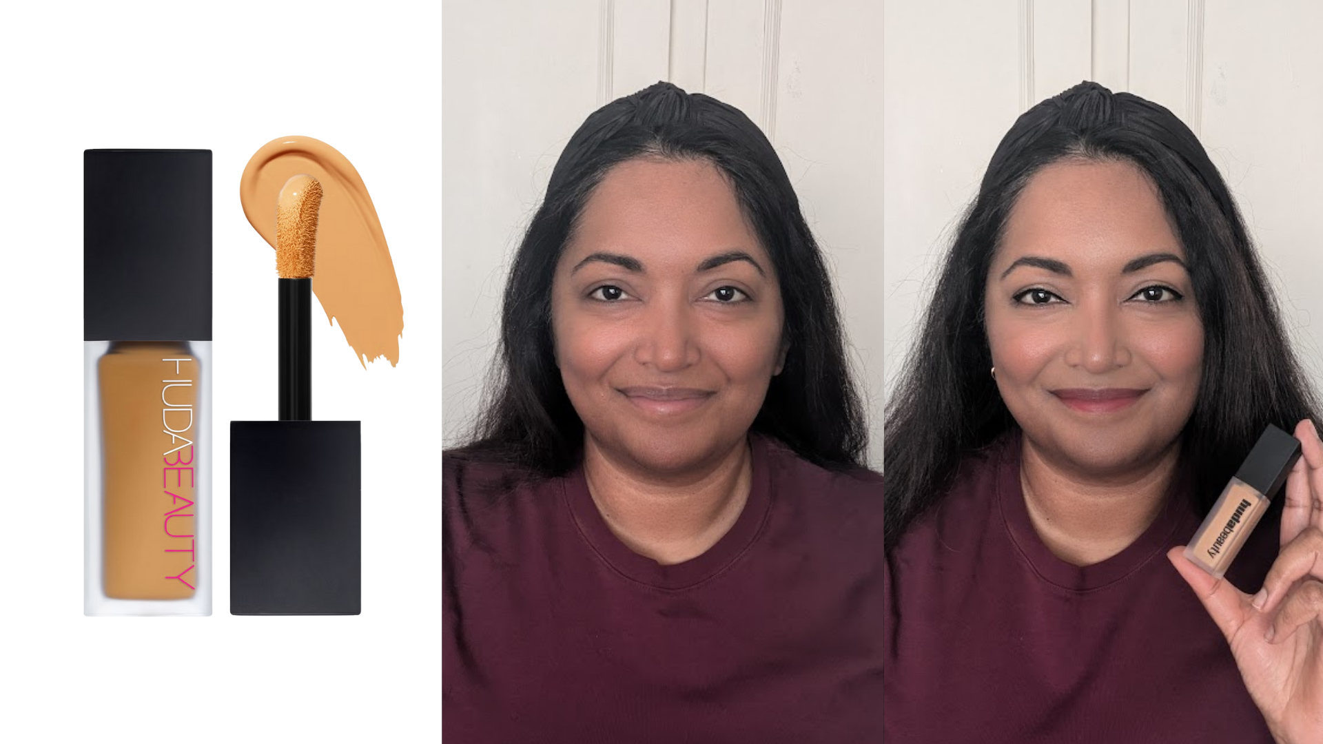 Collage of three images showing the Huda Beauty Faux Filter Concealer (left) Ayesha with no makeup (centre) and a full-face of makeup while holding the concealer (right)