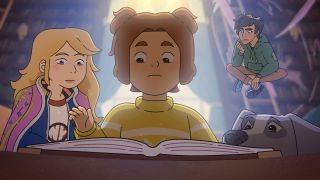 Sabrina, Daphne and Puck looking at book in The Sisters Grimm Season 1