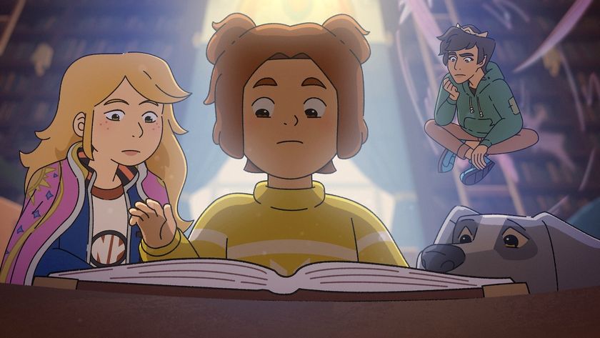 Sabrina, Daphne and Puck looking at book in The Sisters Grimm Season 1