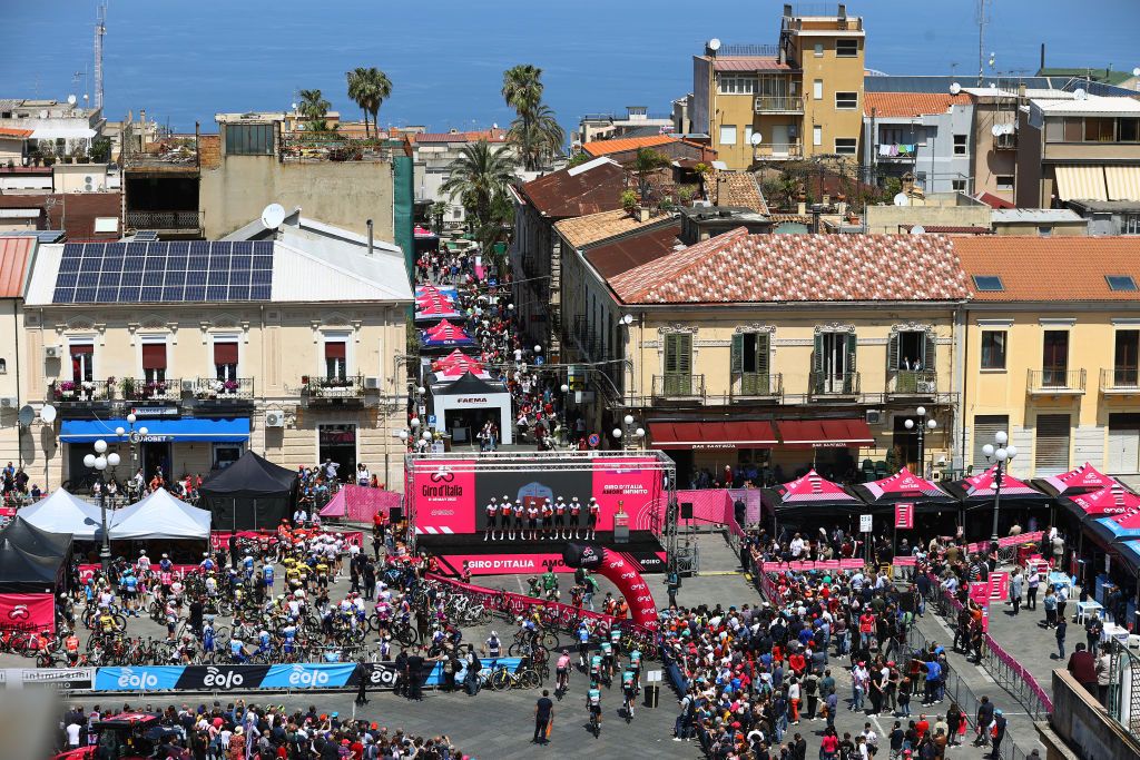 SCALEA ITALY MAY 12 Guillaume Martin of France Davide Cimolai of Italy Simone Consonni of Italy Wesley Kreder of Netherlands Anthony Perez of France PierreLuc Perichon of France Rmy Rochas of France Davide Villella of Italy and Team Cofidis during the team presentation at Palmi City prior to the 105th Giro dItalia 2022 Stage 6 a 192km stage from Palmi to Scalea Giro WorldTour on May 12 2022 in Scalea Italy Photo by Michael SteeleGetty Images