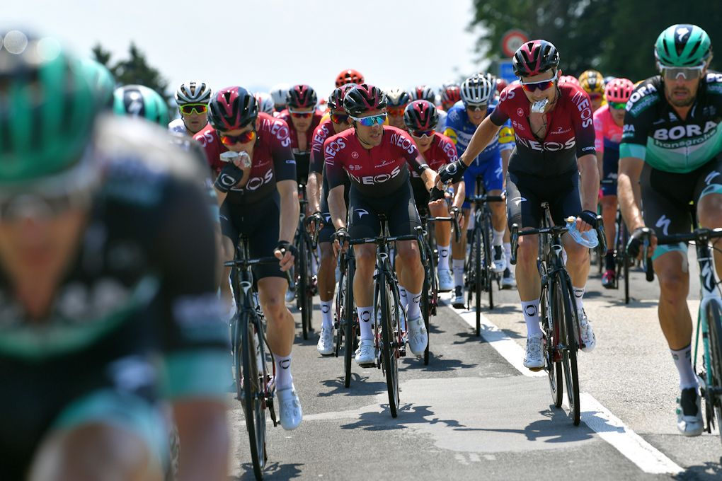 Team Ineos in the Tour de Suisse bunch without leader Geraint Thomas