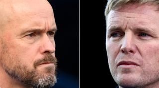 In this composite image a comparison has been made between Erik ten Hag, Manager of Manchester United (L) and Eddie Howe, Manager of Newcastle United. Manchester United and Newcastle United meet in the Carabao Cup Final on February 26,2023 at Wembley Stadium in London, England. ***LEFT IMAGE*** MANCHESTER, ENGLAND - OCTOBER 02: Erik ten Hag, Manager of Manchester United looks on ahead of the Premier League match between Manchester City and Manchester United at Etihad Stadium on October 02, 2022 in Manchester, England. (Photo by Laurence Griffiths/Getty Images) ***RIGHT IMAGE*** NEWCASTLE UPON TYNE, ENGLAND - APRIL 08: Eddie Howe, Manager of Newcastle United looks on during the Premier League match between Newcastle United and Wolverhampton Wanderers at St. James Park on April 08, 2022 in Newcastle upon Tyne, England.