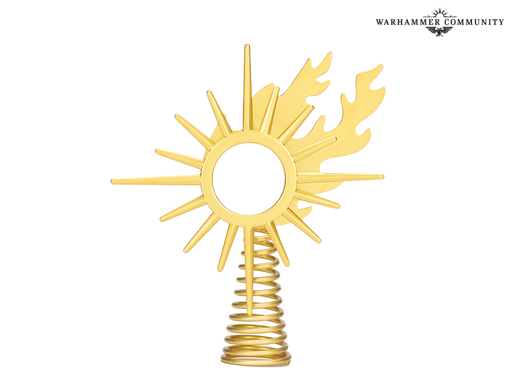 A tree topper in the shape of the twin-tailed comet from Warhammer: Age of Sigmar.