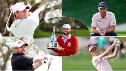 Scottie Scheffler holds the Arnold Palmer Invitational trophy and insets of four golfers
