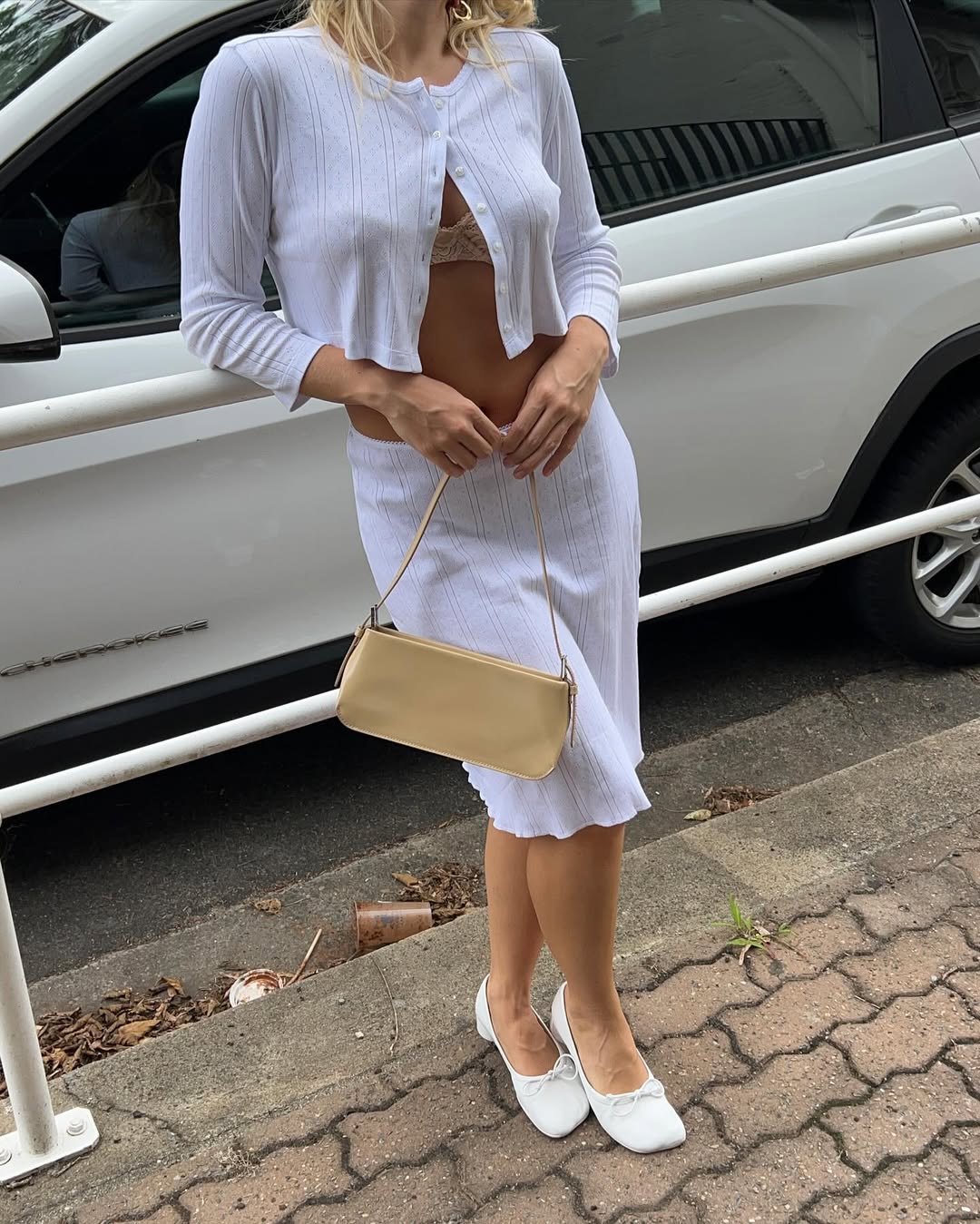 woman wearing cotton pointelle set summer 2025