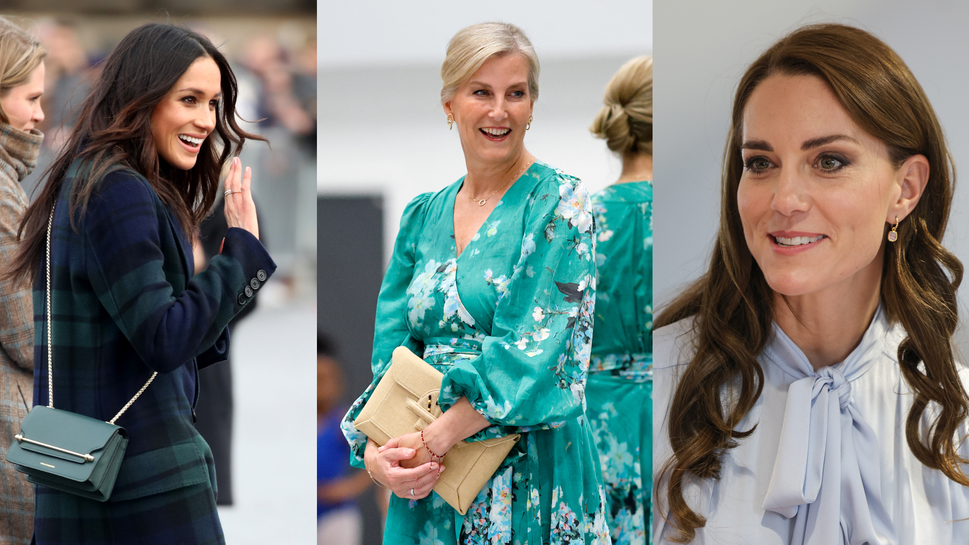 Meghan Markle carrying a green crossbody bag and waving; Duchess Sophie in a green floral dress smiling in front of a mirror; Princess Kate wearing pink drop earrings and smiling
