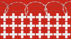 Photo collage of the Swiss flag, its crosses forming a fence. It is topped by razor wire.