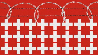 Photo collage of the Swiss flag, its crosses forming a fence. It is topped by razor wire.