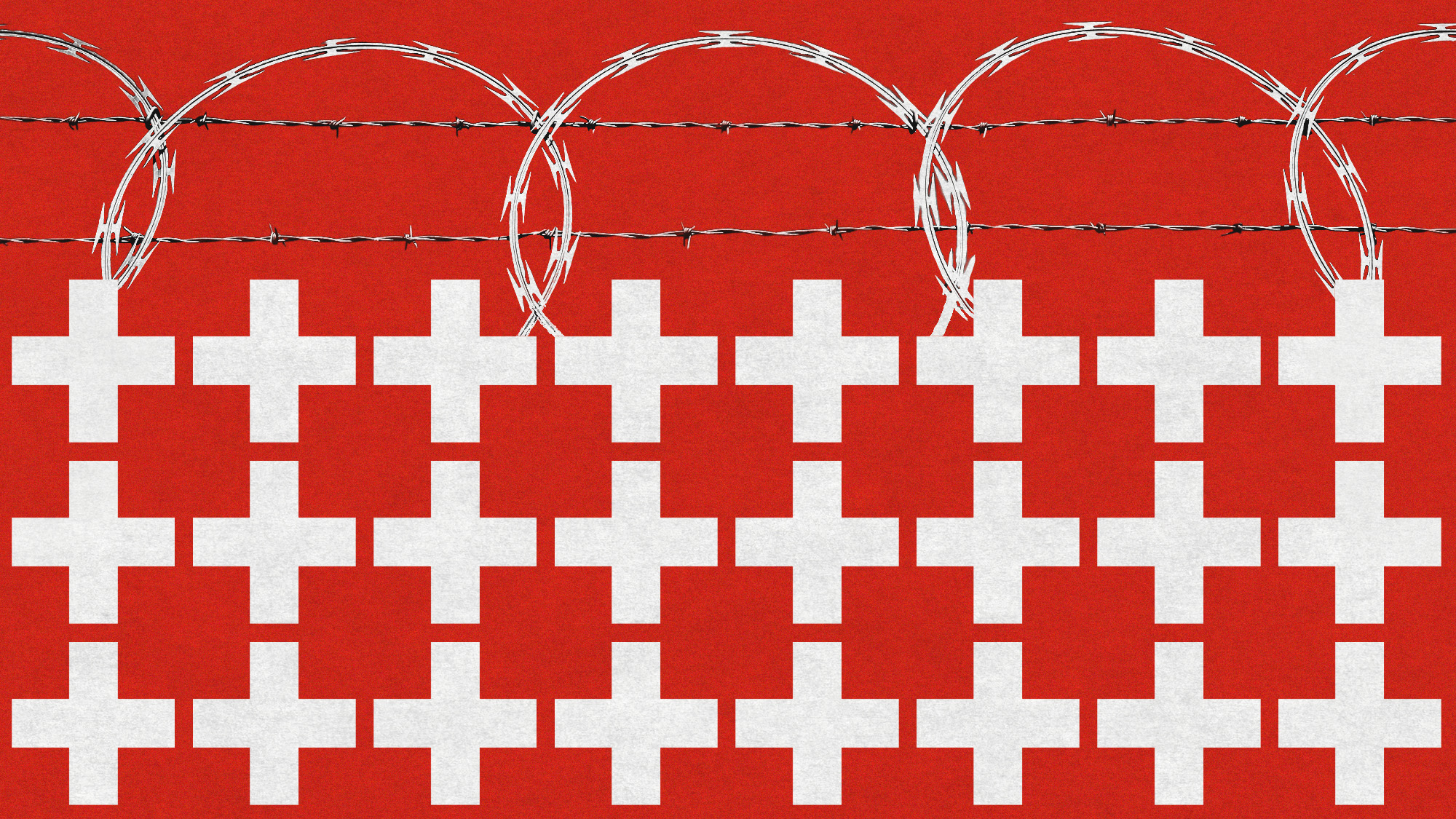Photo collage of the Swiss flag, its crosses forming a fence. It is topped by razor wire.