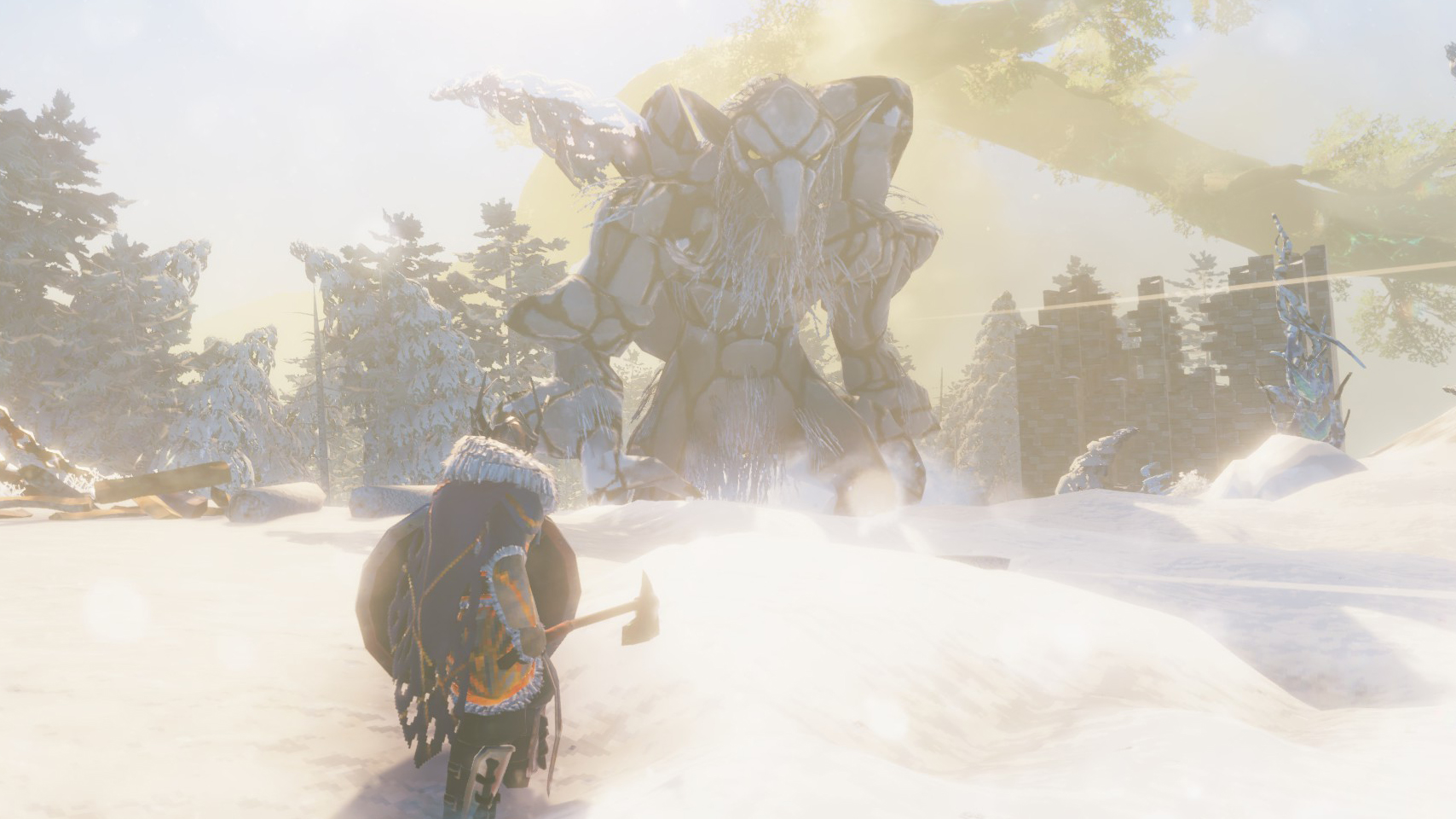 Viking looking at approaching gammeltroll in snow