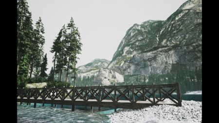 Screenshot of the photography simulator game Lushfoil Photography Sim, depicting a snowy mountain scene