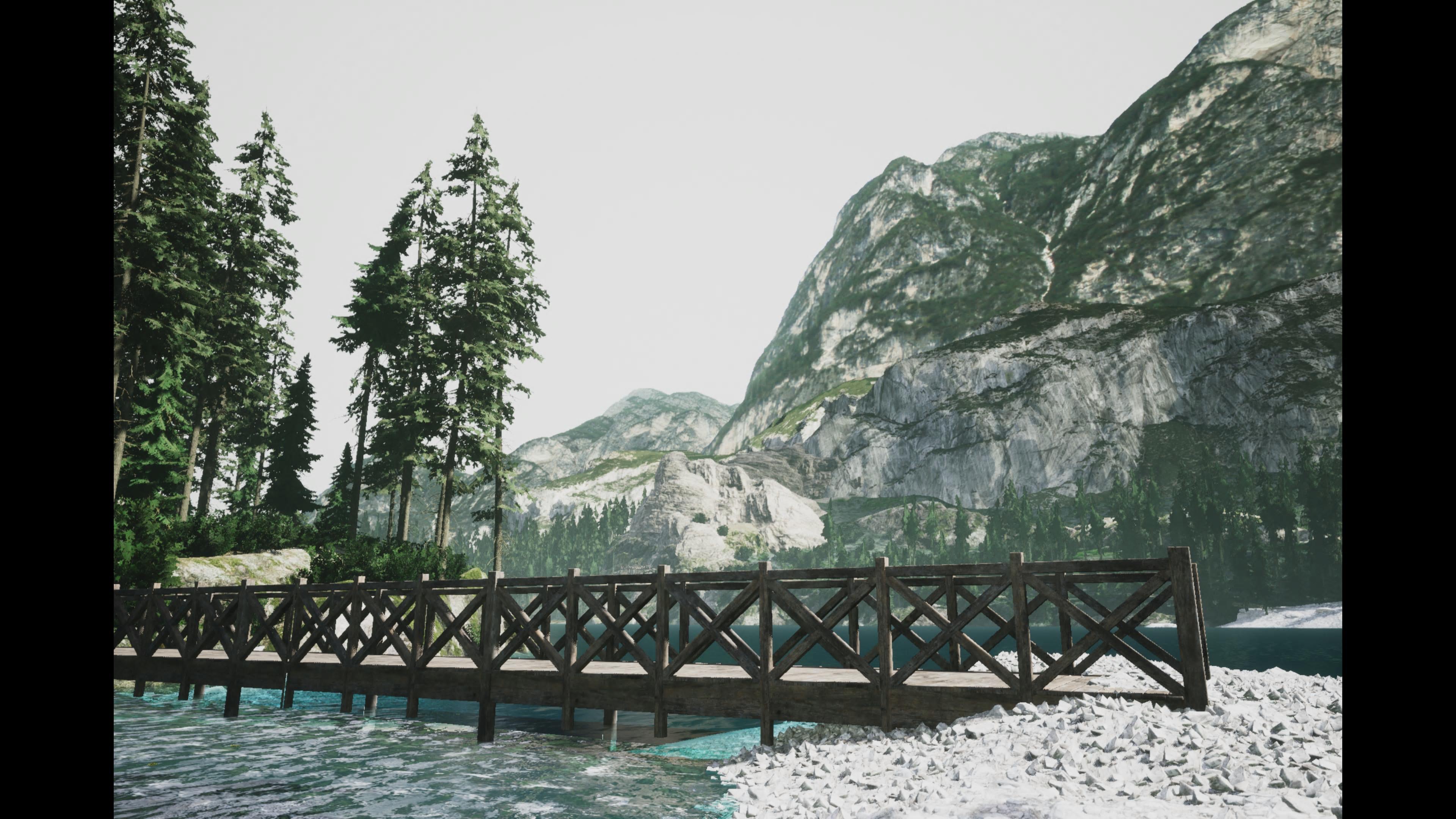 Screenshot of the photography simulator game Lushfoil Photography Sim, depicting a snowy mountain scene