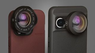 Two phones on a grey background showing Moment's T-series lenses