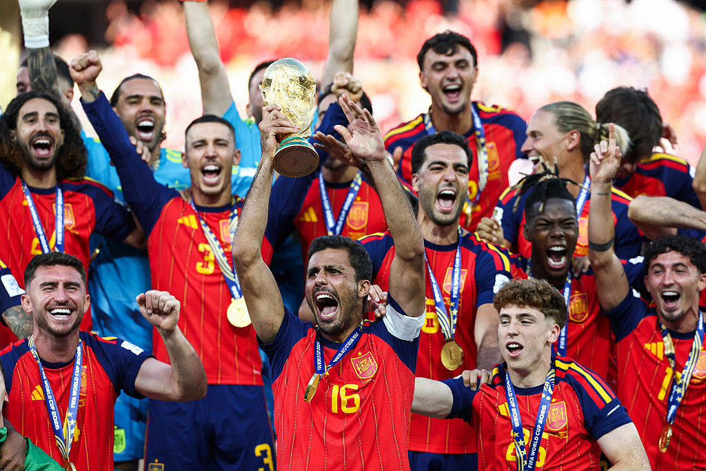 Spain captain Rodri lifts the World Cup trophy after the 2026 final