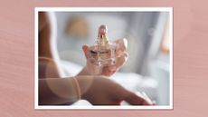 A close up of a woman spraying perfume on her wrist/ in a pink textured template